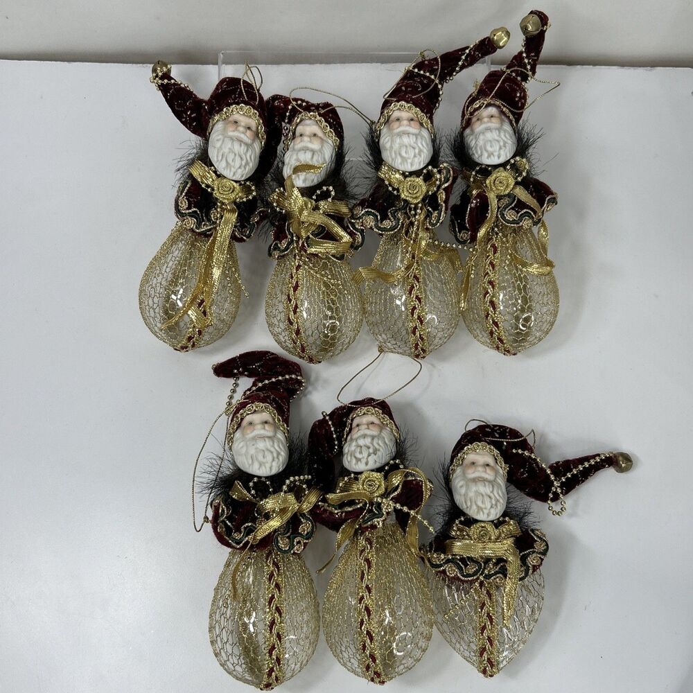 Vtg Santa Claus Christmas Ornament Lot Teardrop Heart Mesh Gold Ceramic Ornate